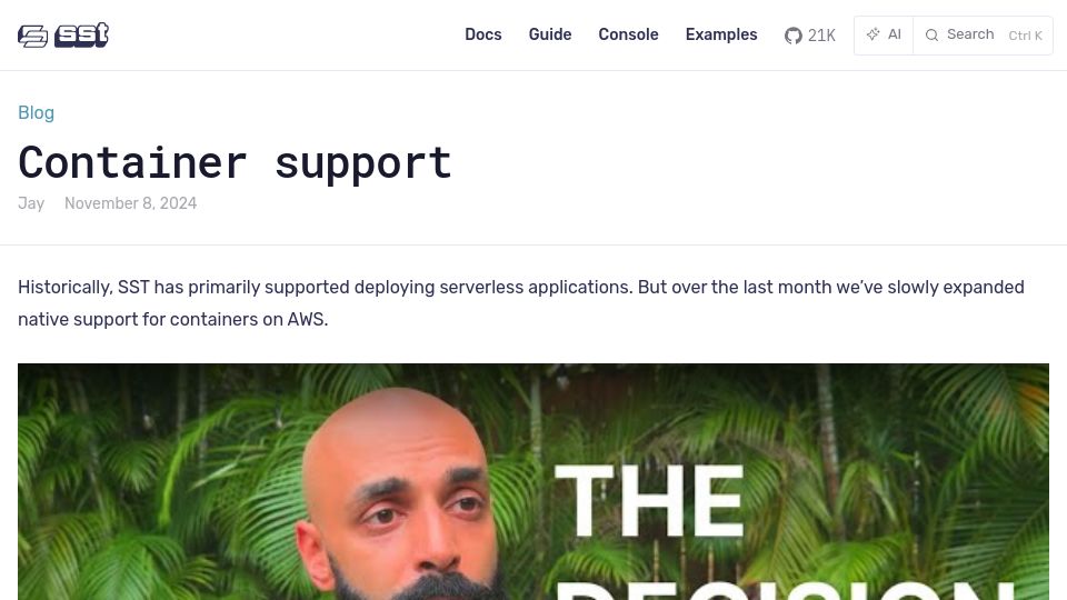 Screenshot of sst.dev: SST: Container Support