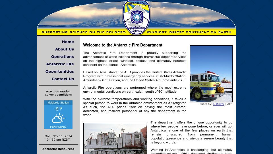 Screenshot of antarcticfire.org: Welcome to the Antarctic Fire Department