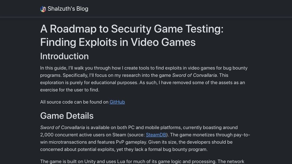 Screenshot of shalzuth.com: How to find exploits in video games