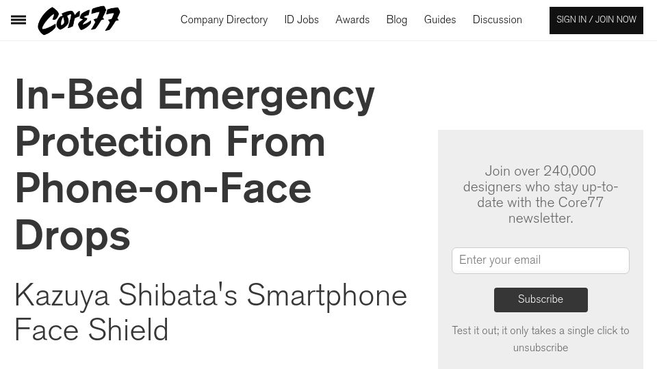 Screenshot of core77.com: In-Bed Emergency Protection from Phone-on-Face Drops