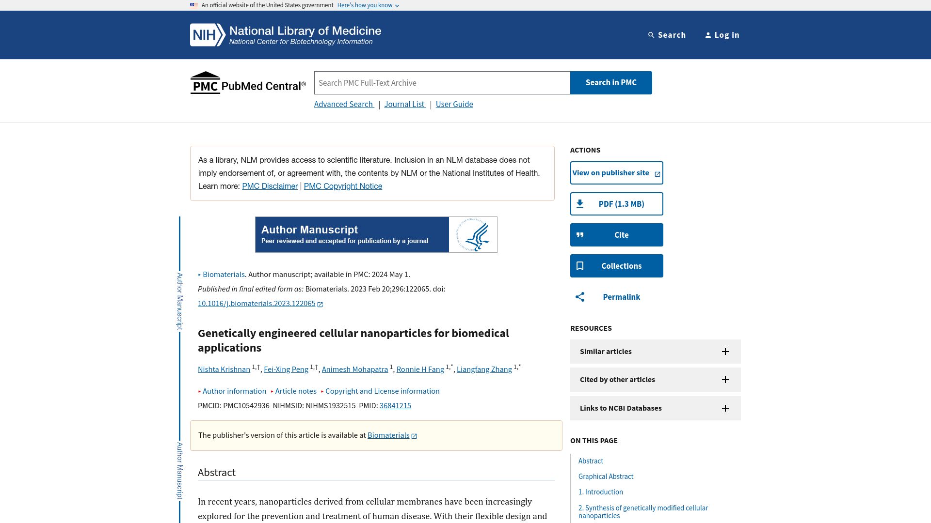 Screenshot of pmc.ncbi.nlm.nih.gov: Genetically engineered cellular nanoparticles for biomedical applications (2023)