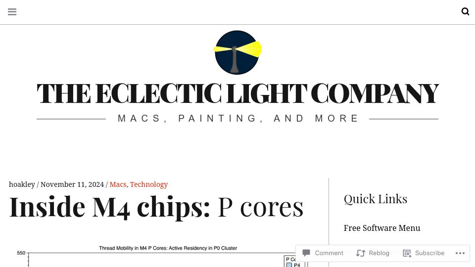 Screenshot of eclecticlight.co: Inside M4 chips: P cores