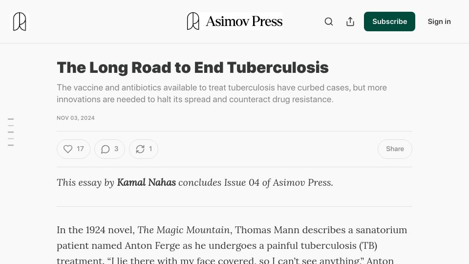 Screenshot of asimov.press: The Long Road to End Tuberculosis