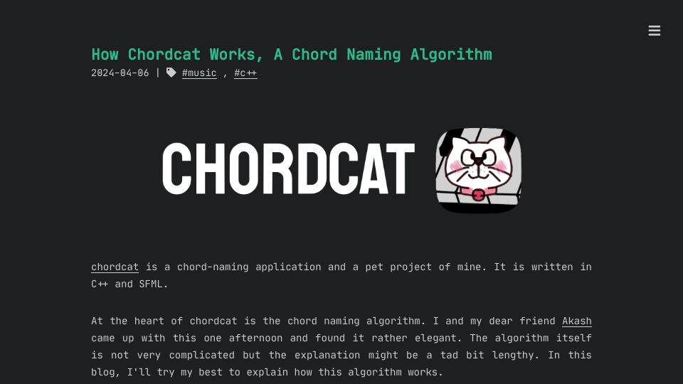 Screenshot of blog.s20n.dev: How Chordcat works – a chord naming algorithm