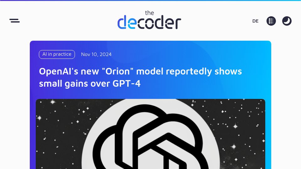 Screenshot of the-decoder.com: OpenAI's new "Orion" model reportedly shows small gains over GPT-4
