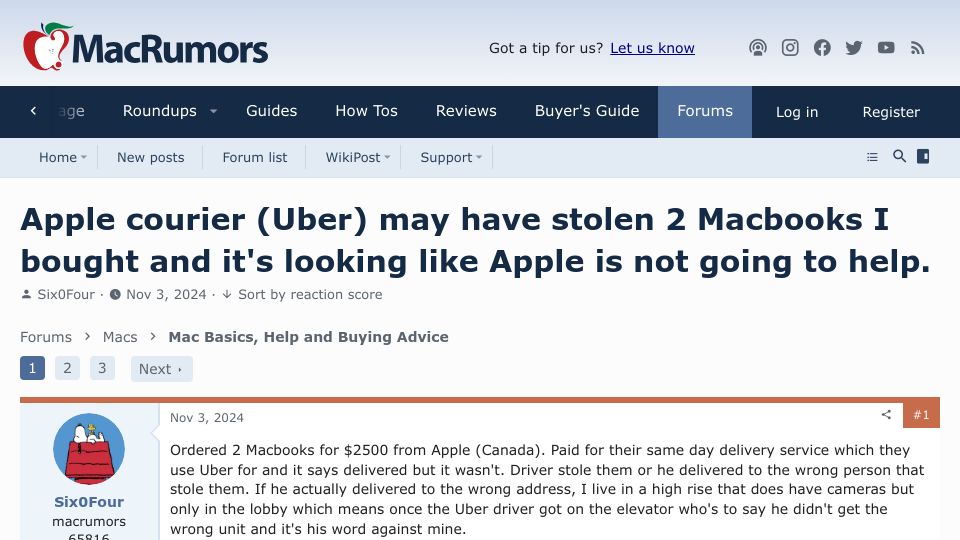 Screenshot of forums.macrumors.com: Apple courier may have stolen 2 MacBooks, ... Apple is not going to help