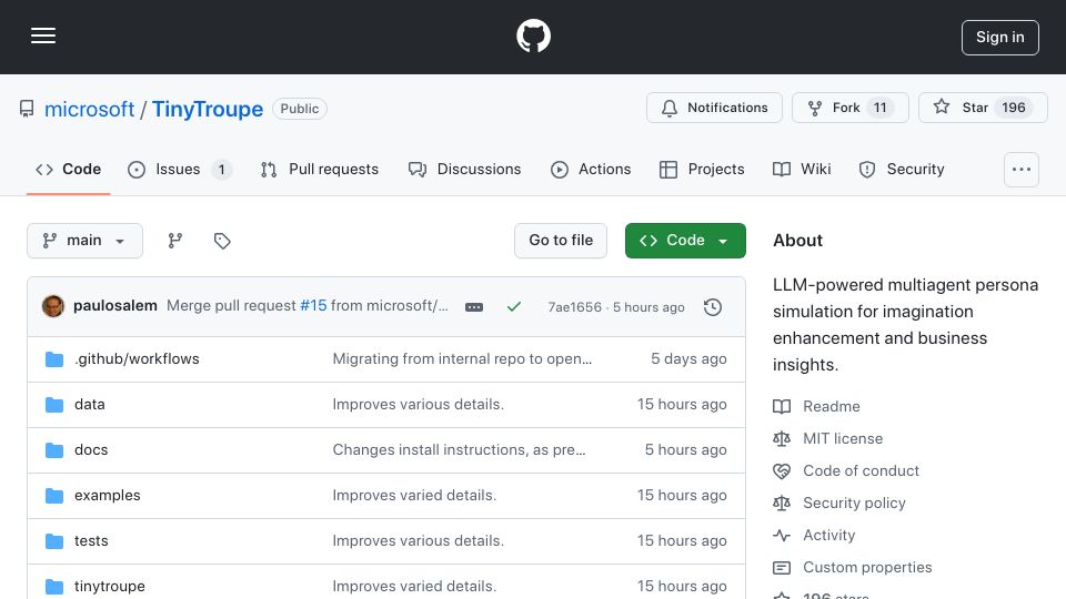 Screenshot of github.com: TinyTroupe, a new LLM-powered multiagent persona simulation Python library