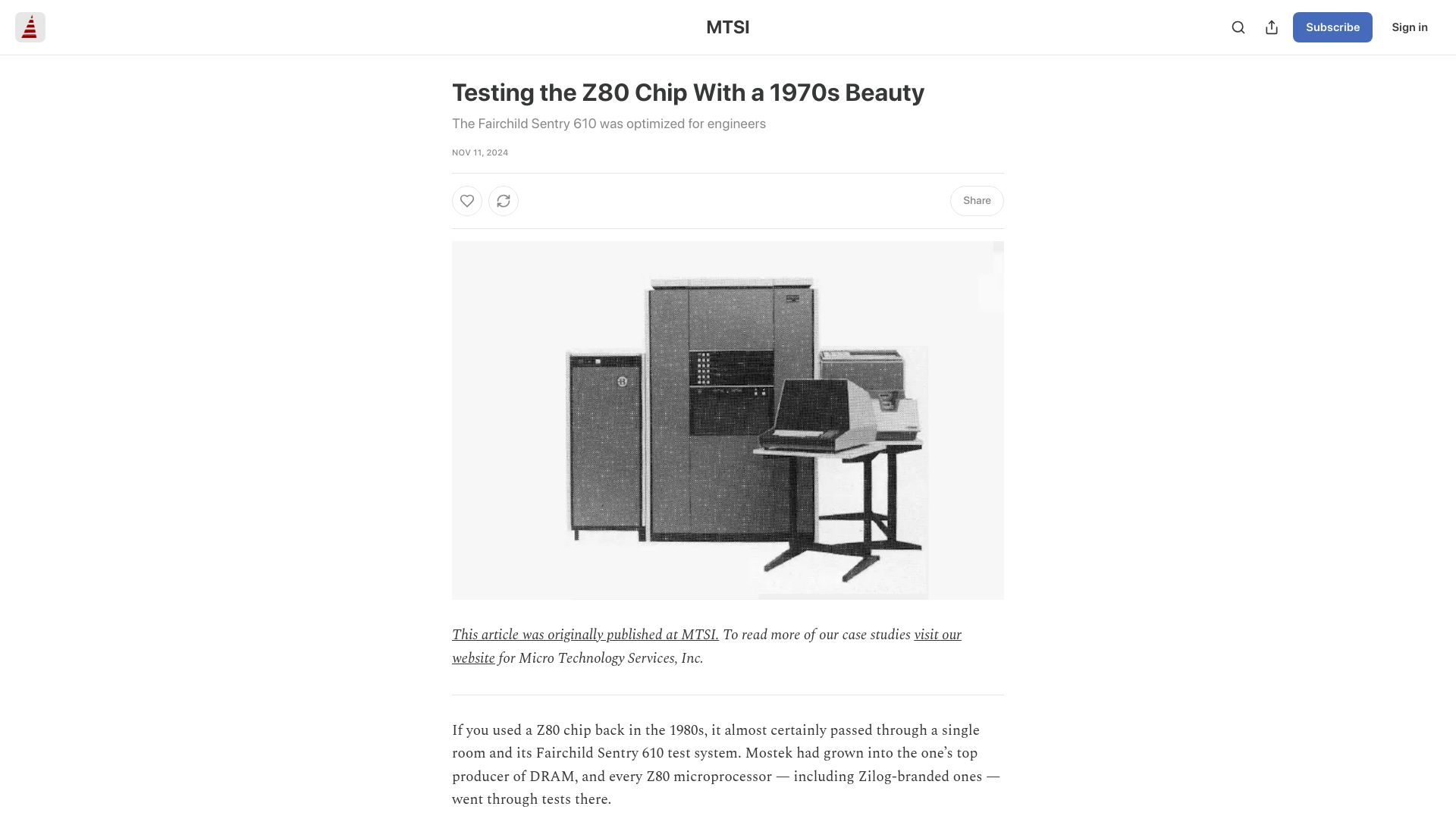 Screenshot of mtsi.substack.com: Testing the Z80 Chip with a 1970s Beauty