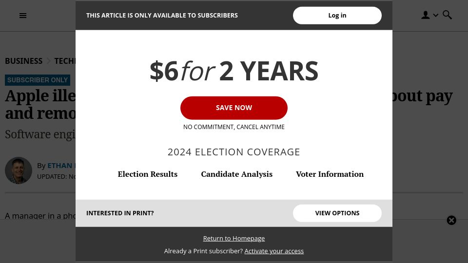Screenshot of mercurynews.com: Apple threatened workers over their talk about pay and remote work, feds charge