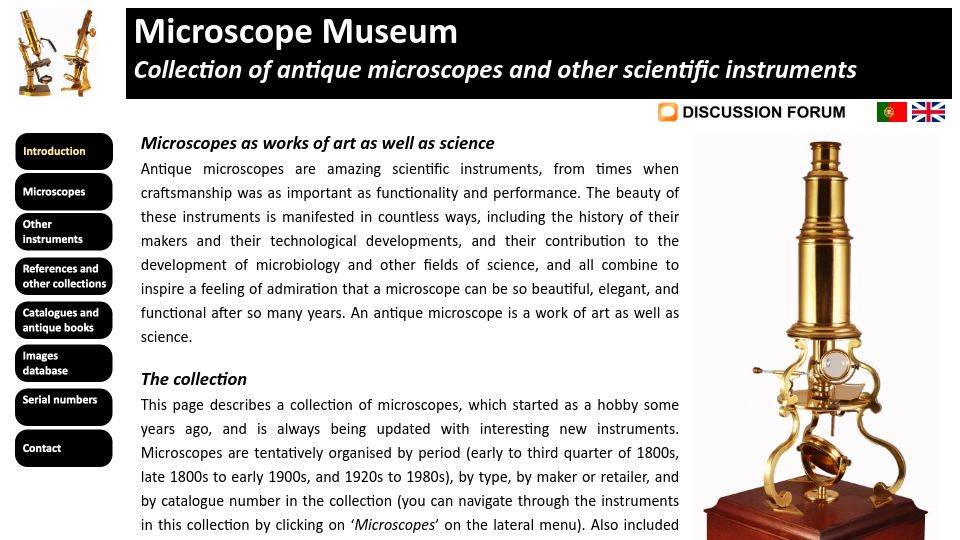 Screenshot of antiquemicroscopes.co.uk: Microscope Museum