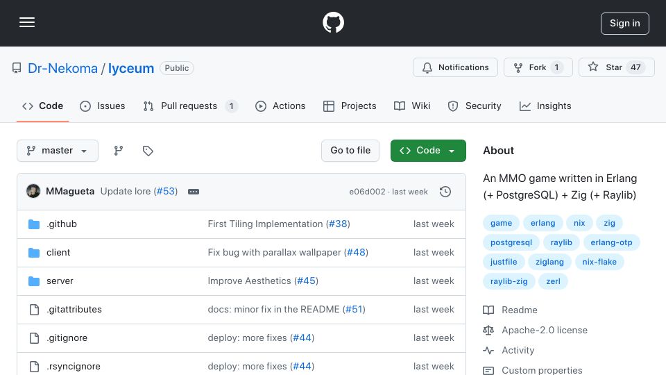 Screenshot of github.com: Show HN: Lyceum – An MMO game built with Zig and Erlang