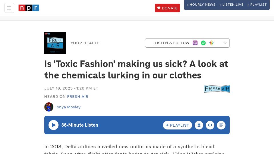 Screenshot of npr.org: Is 'Toxic Fashion' making us sick? A look at the chemicals lurking in our clothe (2023)