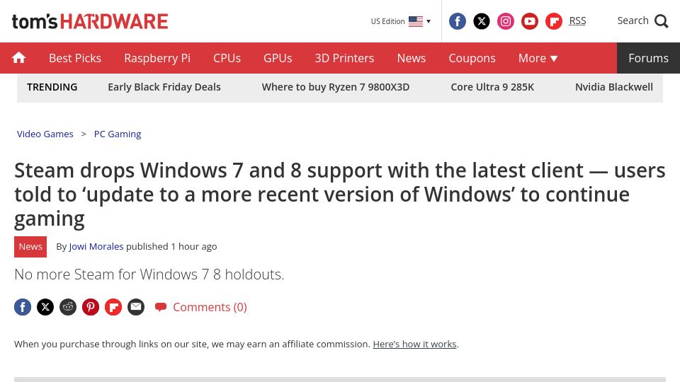 Screenshot of tomshardware.com: Steam drops Windows 7 and 8 support with the latest client