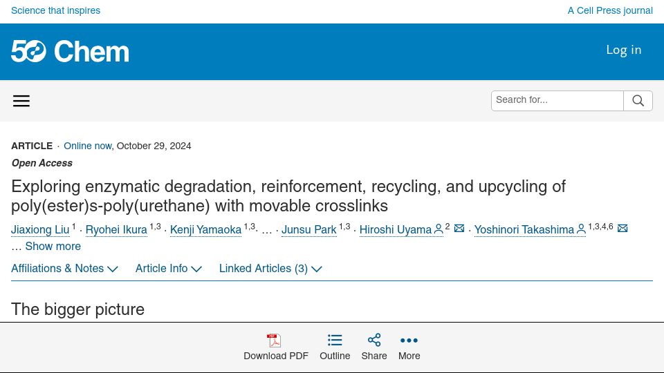 Screenshot of cell.com: Enzymatic degradation, recycling, and upcycling of movable crosslinked polymers