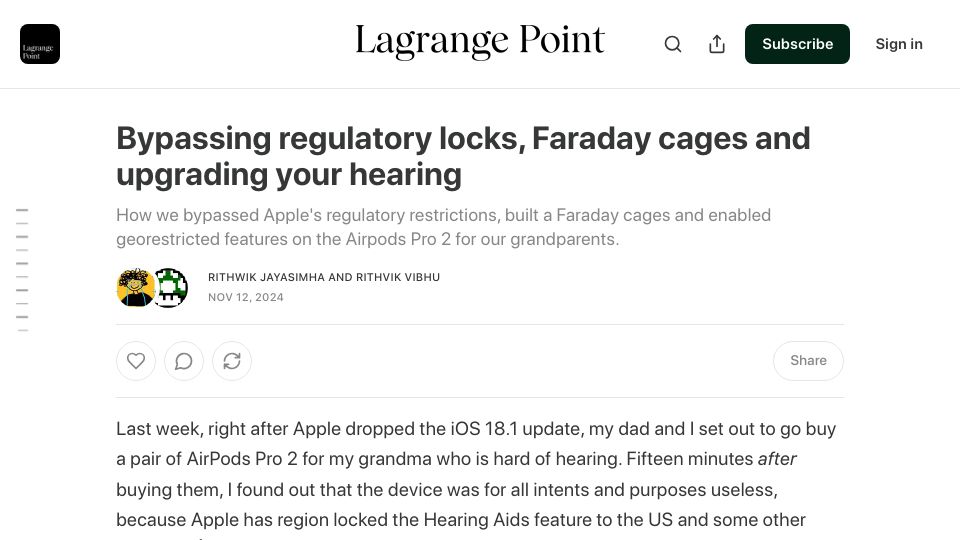 Screenshot of lagrangepoint.substack.com: Bypassing regulatory locks, hacking AirPods and Faraday cages