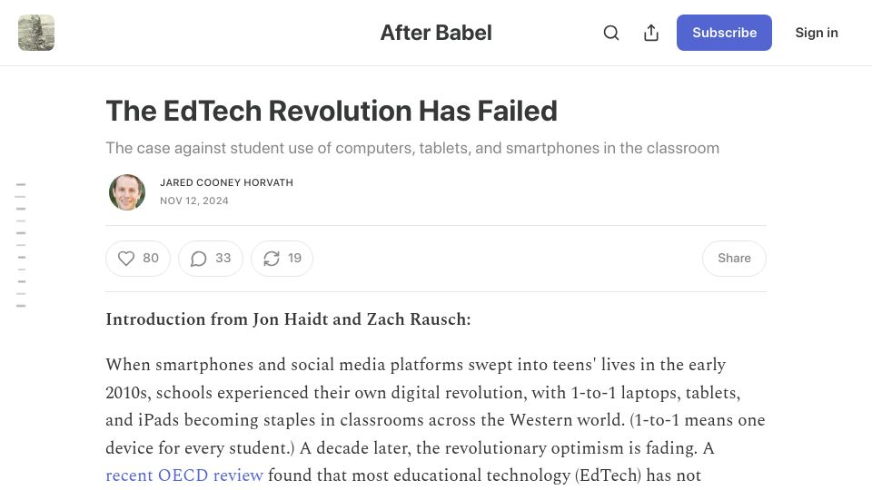 Screenshot of afterbabel.com: The EdTech Revolution Has Failed