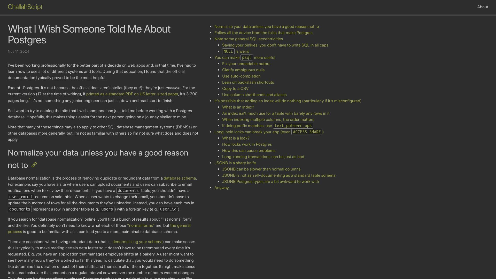 Screenshot of challahscript.com: What I wish someone told me about Postgres