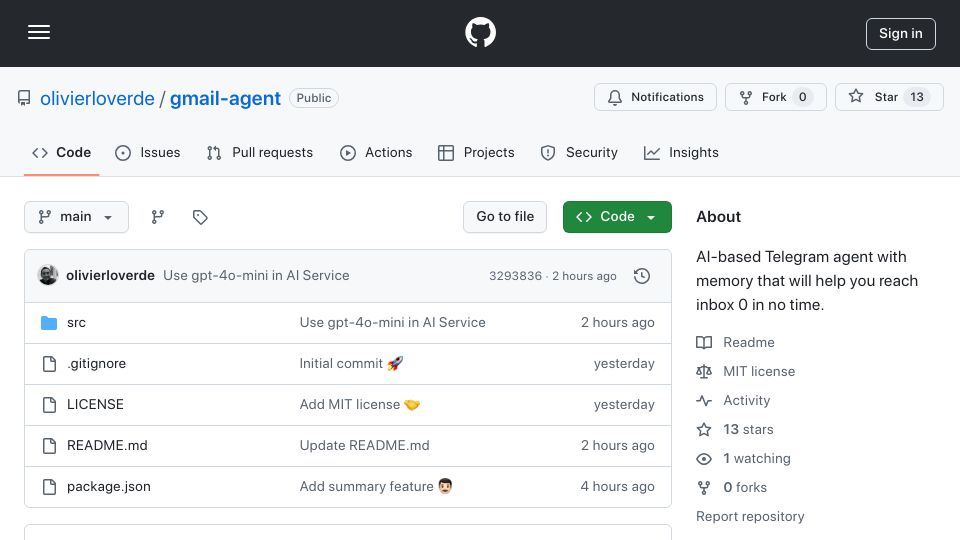 Screenshot of github.com: Gmail AI Agent: Automate Your Inbox with AI-Powered Telegram Commands