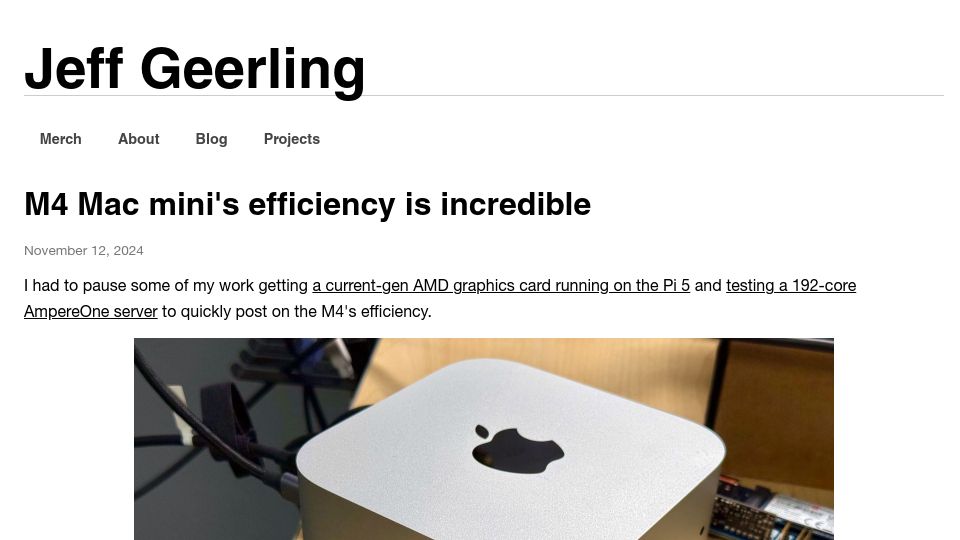 Screenshot of jeffgeerling.com: M4 Mac mini's efficiency