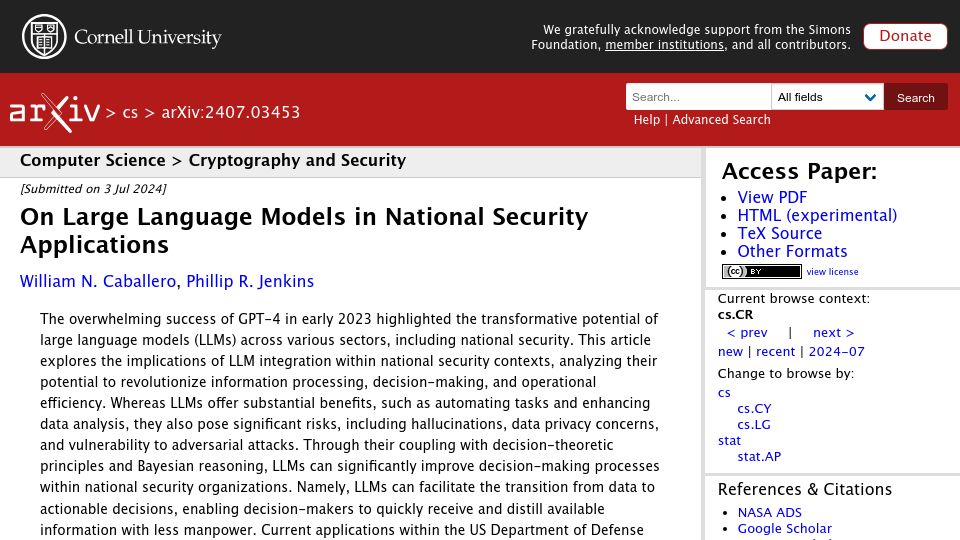 Screenshot of arxiv.org: Large language models in national security applications