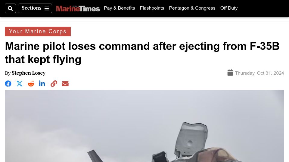Screenshot of marinecorpstimes.com: Marine pilot loses command after ejecting from F-35B that kept flying