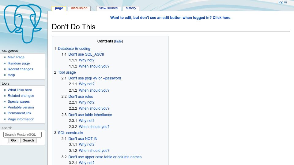 Screenshot of wiki.postgresql.org: Don't Do This with PostgreSQL