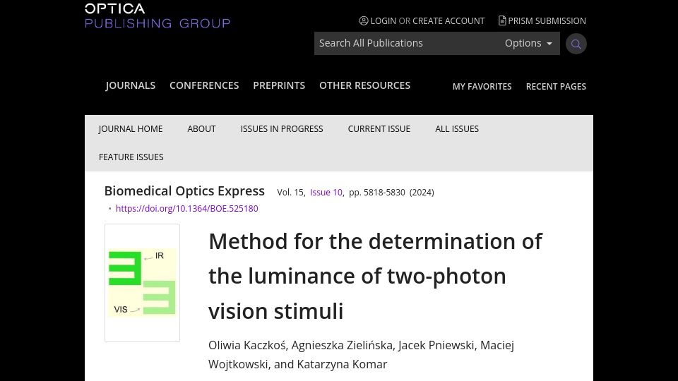 Screenshot of opg.optica.org: Method for the determination of the luminance of two-photon vision stimuli