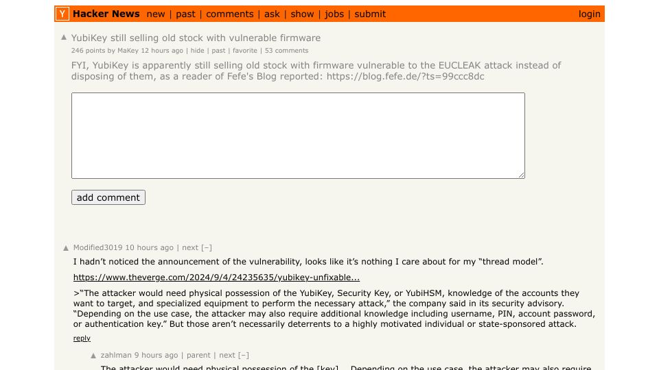 Screenshot of Hacker News post: YubiKey still selling old stock with vulnerable firmware