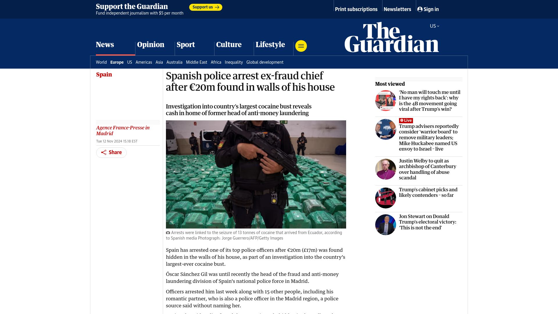Screenshot of theguardian.com: Spanish police arrest ex-fraud chief after €20M found in walls of his house