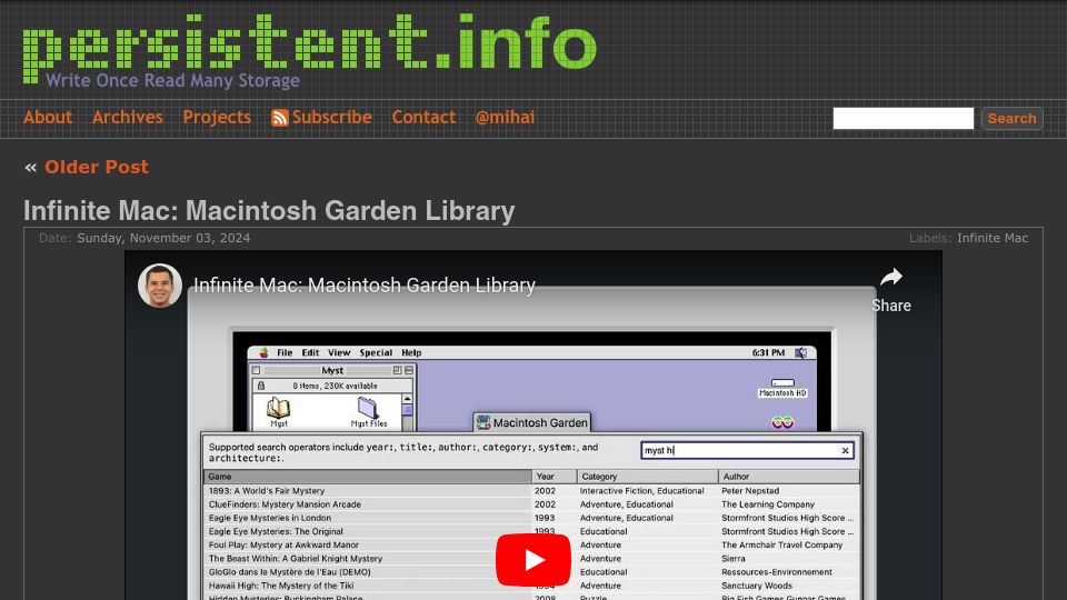 Screenshot of blog.persistent.info: Infinite Mac: Macintosh Garden Library