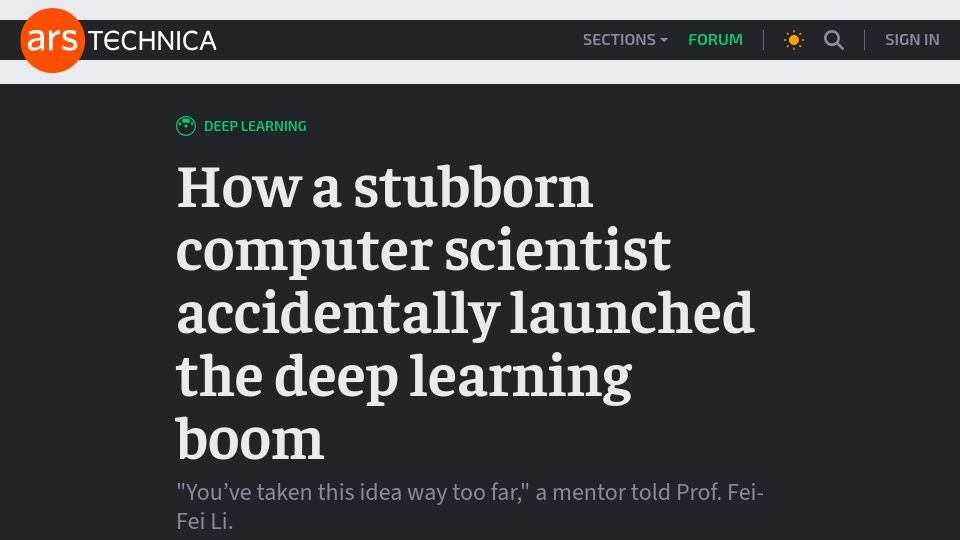 Screenshot of arstechnica.com: A stubborn computer scientist accidentally launched the deep learning boom