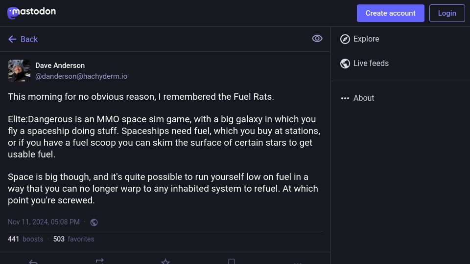 Screenshot of hachyderm.io: This morning for no obvious reason, I remembered the Fuel Rats