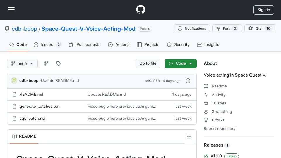 Screenshot of github.com: Voice acting in Space Quest V
