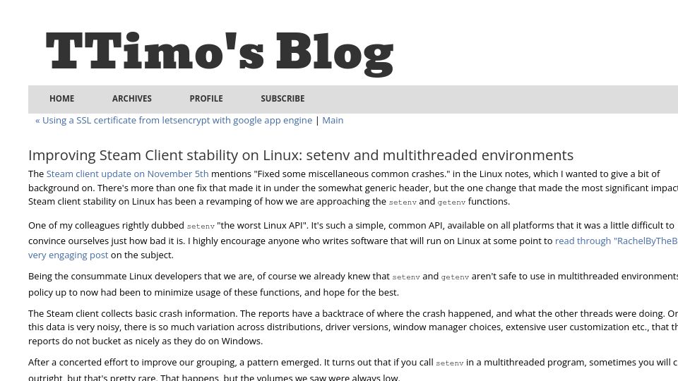 Screenshot of ttimo.typepad.com: Improving Steam Client Stability on Linux