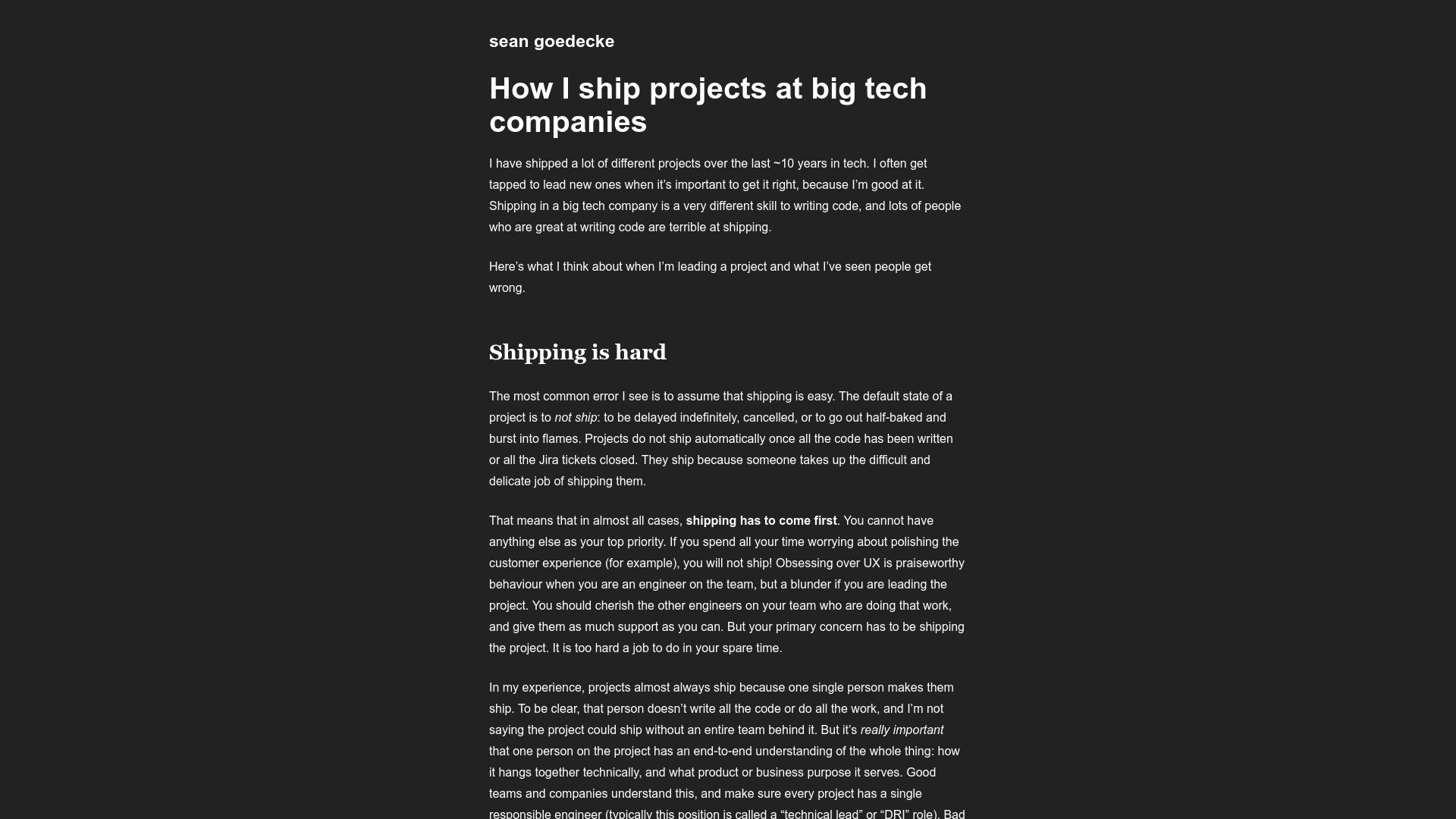 Screenshot of seangoedecke.com: How I ship projects at big tech companies
