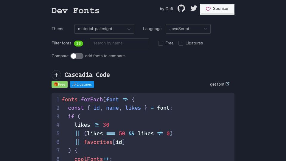 Screenshot of devfonts.gafi.dev: Dev Fonts