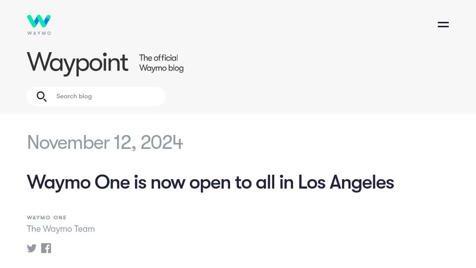 Screenshot of waymo.com: Waymo One is now open to all in Los Angeles