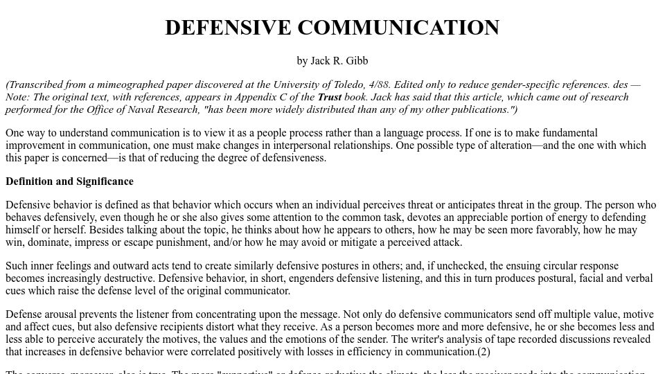 Screenshot of reagle.org: Defensive Communication (1961)