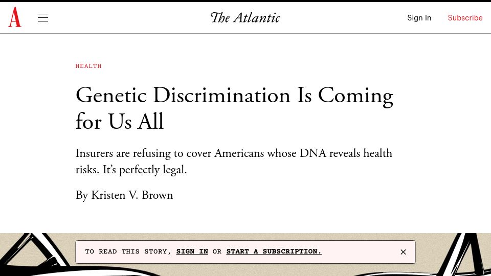 Screenshot of theatlantic.com: Genetic Discrimination Is Coming for Us All