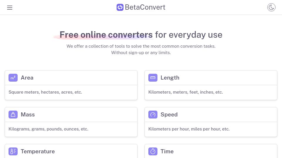Screenshot of betaconvert.com: Show HN: We built the simplest Online Unit Converter for everyday use