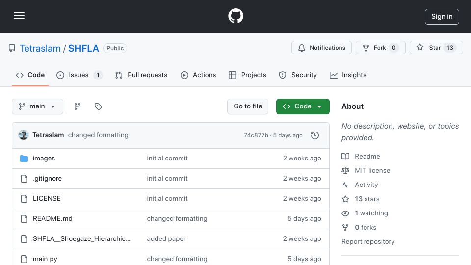 Screenshot of github.com: Shfla: Shoegaze Hierarchical Fractal Language Architecture