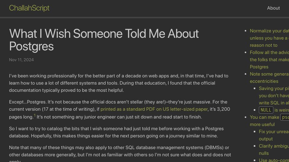 Screenshot of challahscript.com: What I wish someone told me about Postgres