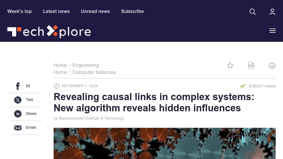 Screenshot of techxplore.com: Revealing causal links in complex systems: New algorithm shows hidden influences