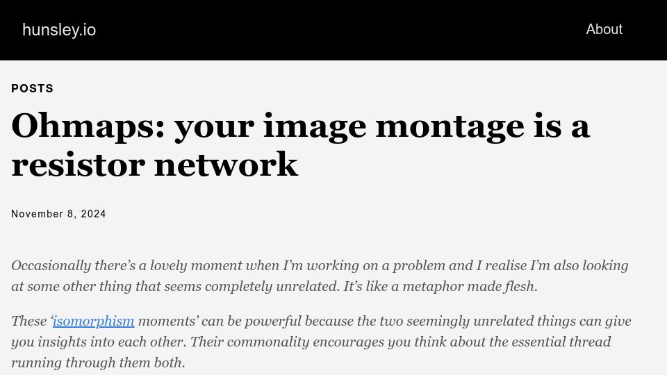 Screenshot of hunsley.io: Ohmaps: your image montage is a resistor network