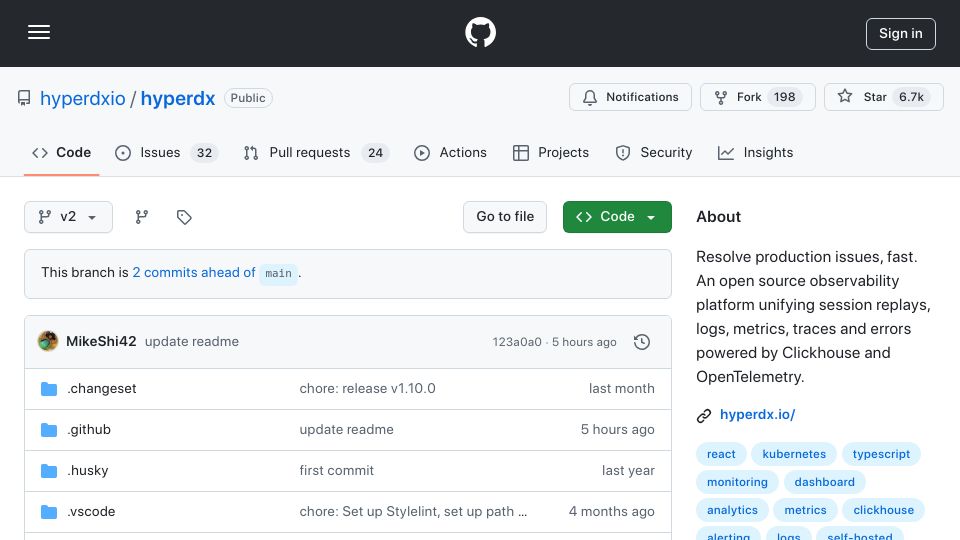 Screenshot of github.com: Show HN: Open-source Kibana alternative for logs and traces in ClickHouse