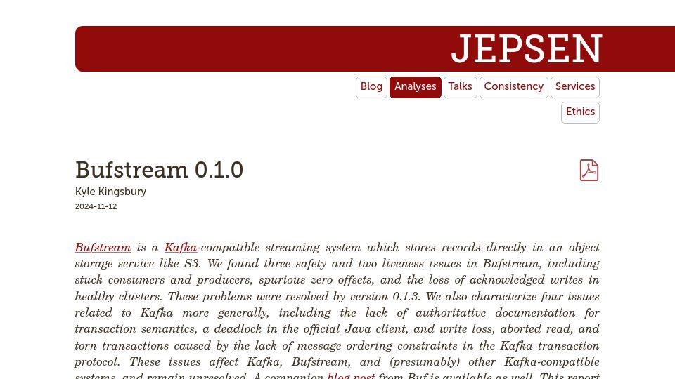 Screenshot of jepsen.io: Jepsen: Bufstream 0.1
