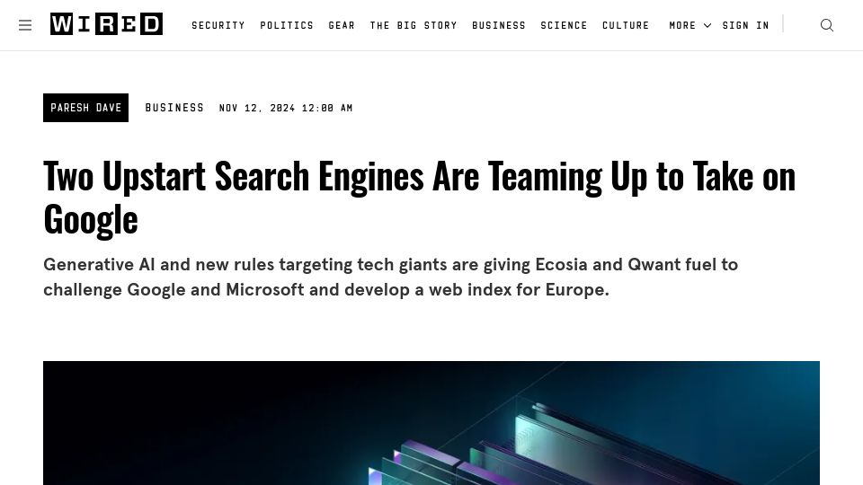 Screenshot of wired.com: Two upstart search engines are teaming up to take on Google