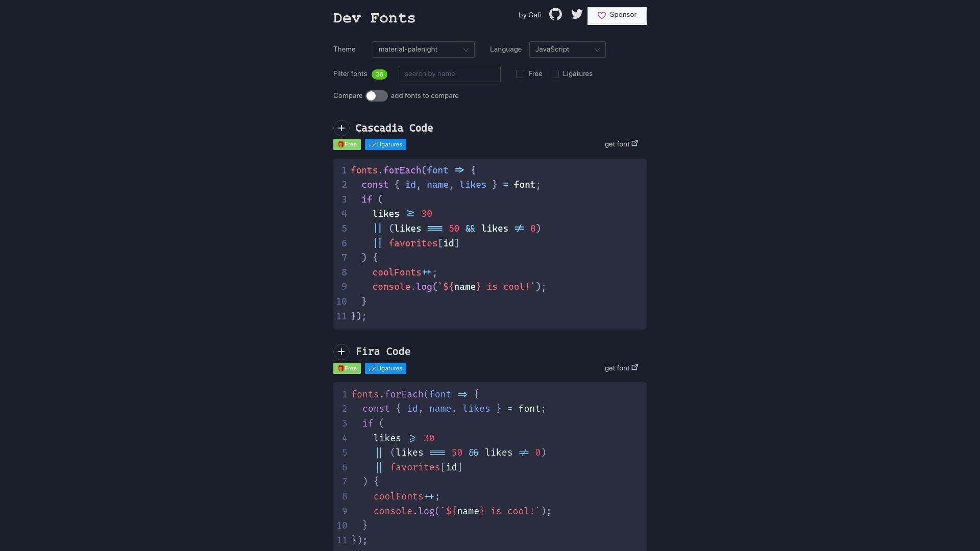 Screenshot of devfonts.gafi.dev: Dev Fonts
