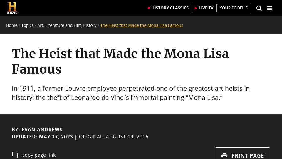 Screenshot of history.com: The heist that made the Mona Lisa famous