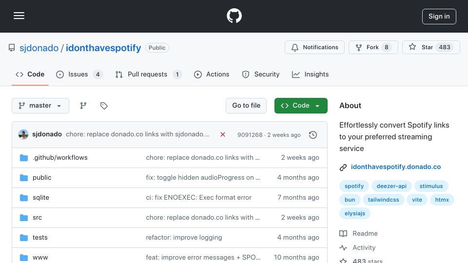 Screenshot of github.com: I Don't Have Spotify